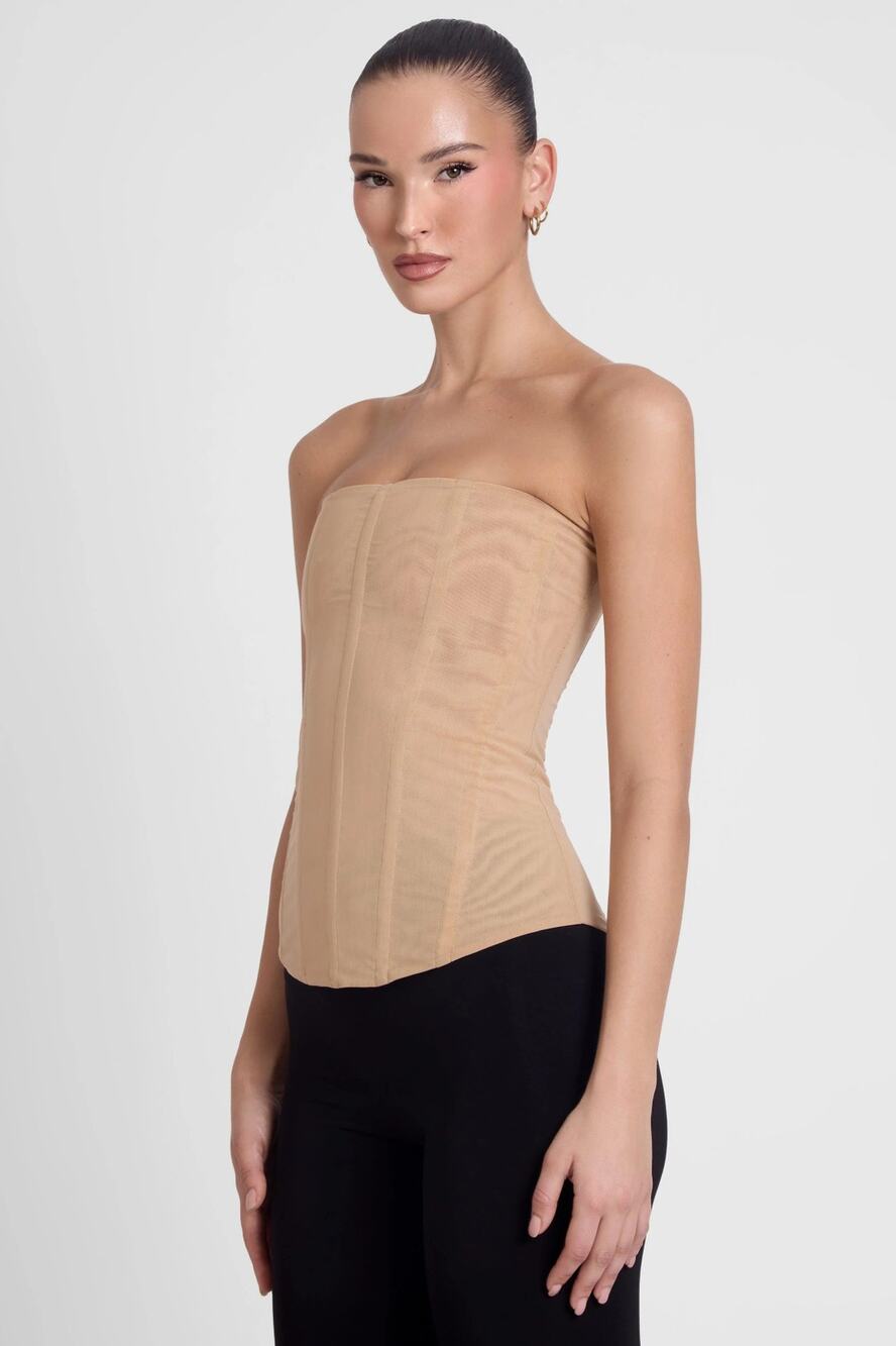 NEW Leau Tan Muse Mesh Corset Wired Sleeveless Sleek Minimalist Chic Top M